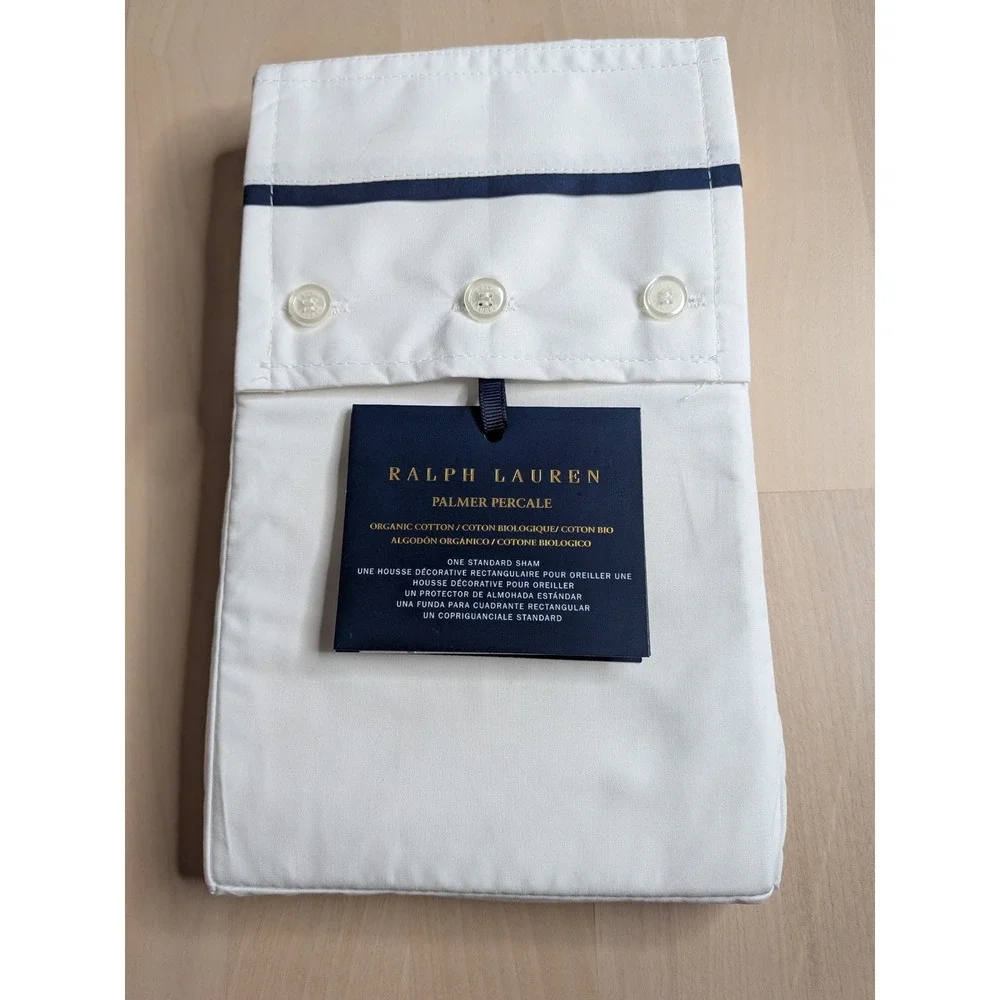 Ralph Lauren Palmer Percale Standard Pillow Sham White Polo Navy NWT